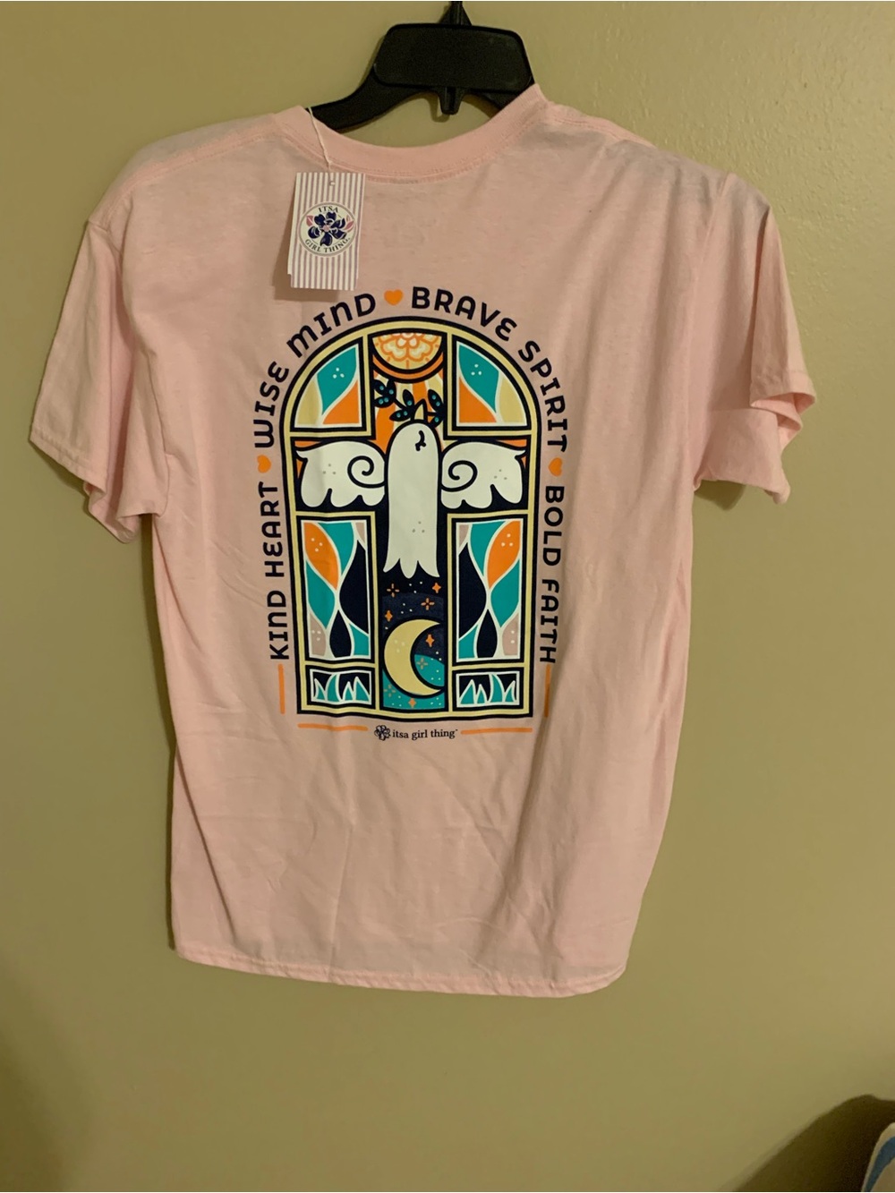 A Girl Thing Light Pink Tee with Multicolor Dove & Moon Graphic NWT
